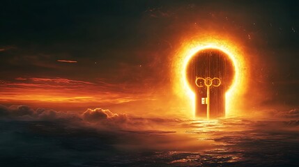 Wall Mural - A glowing horizon with a gigantic keyhole and a golden key floating nearby symbolizing the discovery of untapped opportunities