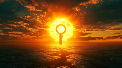 Wall Mural - A glowing horizon with a gigantic keyhole and a golden key floating nearby symbolizing the discovery of untapped opportunities