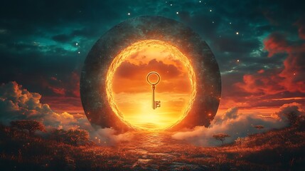 Wall Mural - Glowing horizon and a floating golden key near a giant keyhole representing the unveiling of new possibilities beyond sight