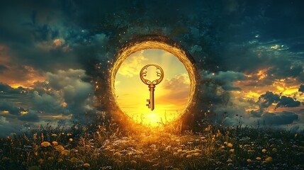 Wall Mural - Glowing horizon and a floating golden key near a giant keyhole representing the unveiling of new possibilities beyond sight