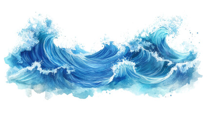 Poster - A vibrant watercolor painting depicts a dramatic scene of powerful ocean waves crashing and creating white foam.