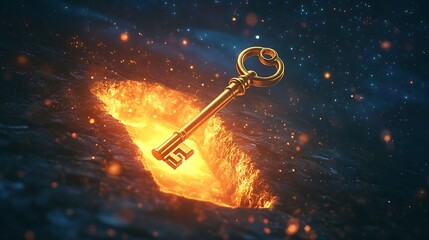 Wall Mural - Radiant golden key floating near a gigantic keyhole embedded in the glowing sky representing the unlocking of new opportunities