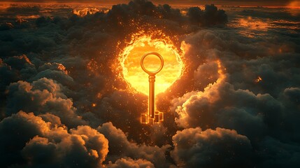 Wall Mural - Radiant golden key floating near a gigantic keyhole embedded in the glowing sky representing the unlocking of new opportunities
