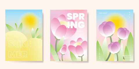 Wall Mural - Abstract colorful gradient flower card background set. Minimalist poster with tulip flower. Modern summer and spring wallpaper design for home decoration, website, banner, ads.