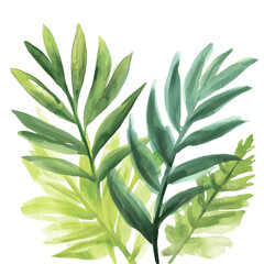 Aufkleber - An abstract watercolor painting depicts a cluster of vibrant green tropical leaves against a white background.