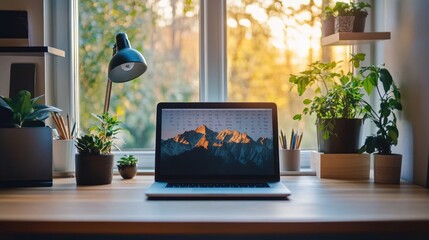 Poster - Laptop, desk, plants, window, sunset, work, home, office, productivity, background