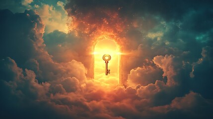 Wall Mural - A glowing sky with a floating golden key near a gigantic keyhole symbolizing new discoveries and paths beyond the visible world