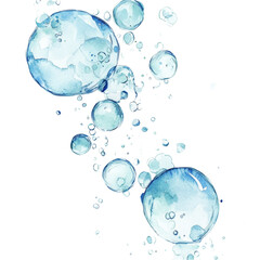 Poster - An abstract watercolor painting depicts various sizes of blue and teal bubbles appearing to float against a white background.