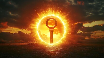Wall Mural - Glowing horizon with a gigantic keyhole and a radiant golden key symbolizing the opening of new opportunities and worlds