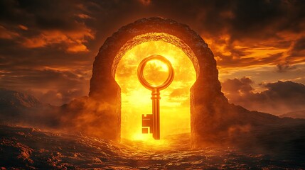 Wall Mural - Glowing horizon with a gigantic keyhole and a radiant golden key symbolizing the opening of new opportunities and worlds