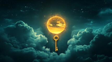 Wall Mural - Glowing keyhole embedded in the sky with a floating golden key symbolizing the discovery of new possibilities beyond sight