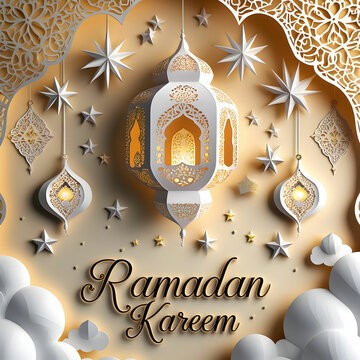A beautiful Ramadan Kareem paper-cut vector design, featuring an intricately crafted lantern, star, and cloud ornaments.