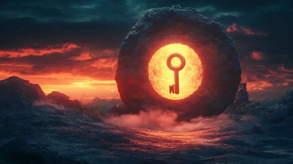 Wall Mural - Glowing horizon and a large keyhole with a floating golden key representing the unlocking of hidden opportunities