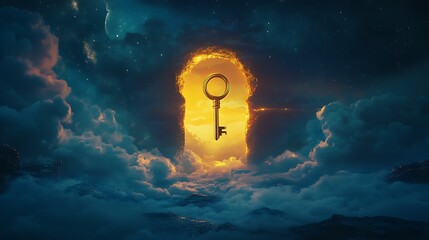 Wall Mural - A glowing sky with a golden key floating near a giant keyhole symbolizing the unveiling of unexplored opportunities