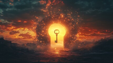 Wall Mural - A glowing sky with a golden key floating near a giant keyhole symbolizing the unveiling of unexplored opportunities