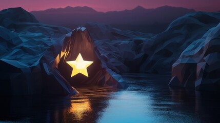 Wall Mural - a star is lit up in a cave with a body of water in the background