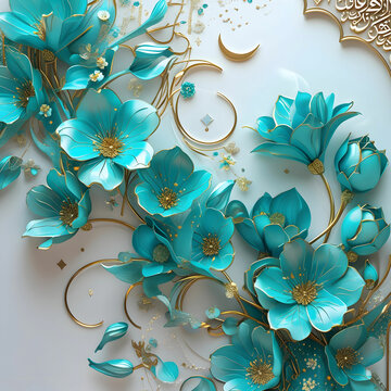 A beautiful Ramadan banner adorned with delicate turquoise flowers, creating a serene and elegant backdrop.