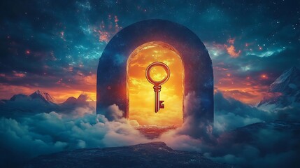Wall Mural - A glowing horizon and a giant keyhole with a floating golden key representing new opportunities and discoveries