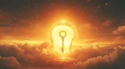 Wall Mural - Radiant golden key floating near a giant keyhole embedded in the glowing sky symbolizing new paths beyond the visible world