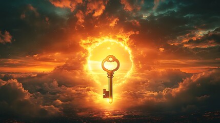 Wall Mural - Radiant golden key floating near a giant keyhole embedded in the glowing sky symbolizing new paths beyond the visible world