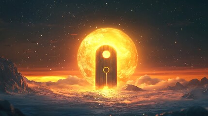 Wall Mural - A glowing horizon with a large keyhole and a floating golden key nearby symbolizing new doors to explore beyond sight
