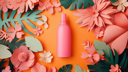 Wall Mural - Pink bottle on vibrant floral paper background for beauty and skincare