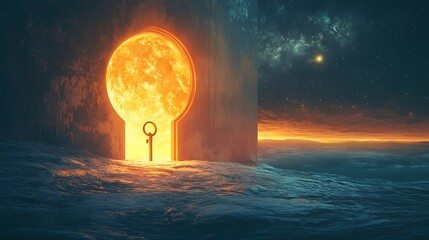 Wall Mural - A glowing horizon with a large keyhole and a floating golden key nearby symbolizing new doors to explore beyond sight
