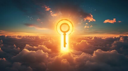 glowing keyhole in the sky with a radiant golden key floating nearby symbolizing the unlocking of hi