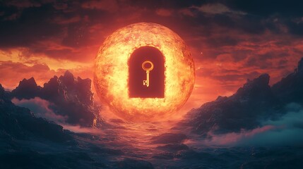 Wall Mural - Glowing horizon with a gigantic keyhole and a floating golden key symbolizing the discovery of new horizons and untapped potential