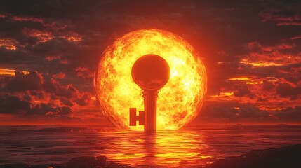 Wall Mural - Glowing horizon with a gigantic keyhole and a floating golden key symbolizing the discovery of new horizons and untapped potential