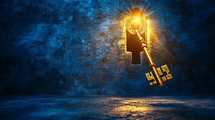 Wall Mural - Radiant golden key floating near a large keyhole symbolizing the discovery of new opportunities beyond the visible world