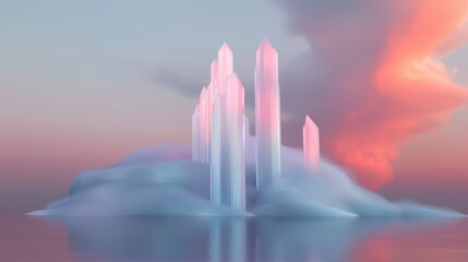 Wall Mural - a large, white, cloud-like structure with pink and blue pillars