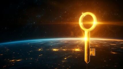 Wall Mural - Glowing horizon with a gigantic keyhole and a golden key floating symbolizing the unlocking of unseen opportunities