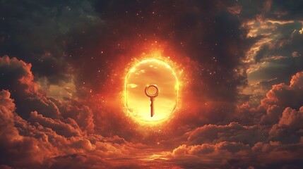 Wall Mural - A glowing sky with a floating golden key near a giant keyhole symbolizing new worlds and possibilities to explore