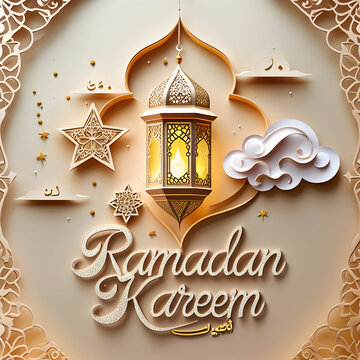 A beautiful Ramadan Kareem paper-cut vector design, featuring an intricately crafted lantern, star, and cloud ornaments.
