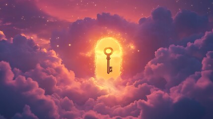 Wall Mural - A glowing sky with a floating golden key near a giant keyhole symbolizing new worlds and possibilities to explore