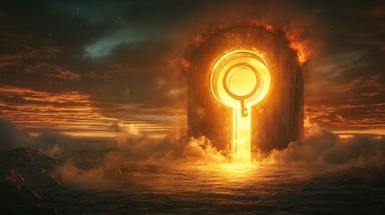 Wall Mural - Glowing horizon with a gigantic keyhole and a radiant golden key representing the unlocking of new paths beyond the visible world