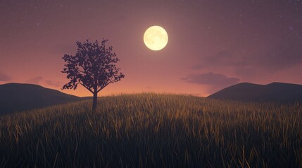 Wall Mural - a tree is standing in a field with a full moon in the sky