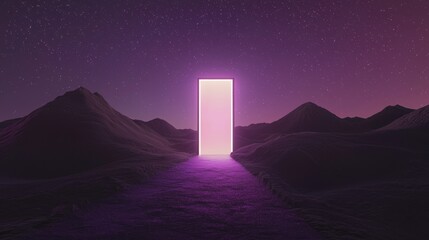 Wall Mural - a purple sky with a glowing door in the middle of a desert