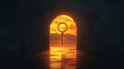 Wall Mural - Glowing horizon with a floating golden key near a keyhole symbolizing the unveiling of untapped opportunities