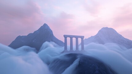 Wall Mural - a mountain range with a cloud of mist and a pillar in the middle