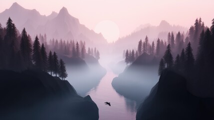 Wall Mural - a bird flies over a river in a forest