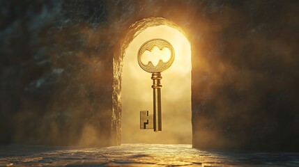 Wall Mural - Radiant golden key floating near a giant keyhole symbolizing the unlocking of new opportunities beyond sight
