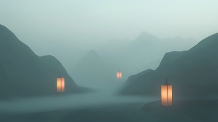 Wall Mural - A foggy mountain scene with three lanterns lit up