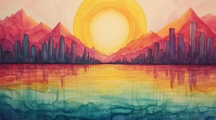 Wall Mural - A lively watercolor landscape of a city skyline bathed in the warm hues of sunset