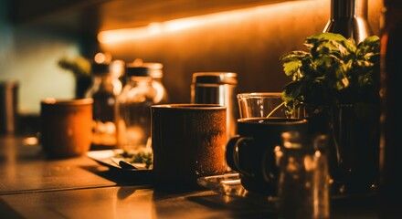 Wall Mural - Cozy kitchen countertop with various jars and herbs in warm lighting