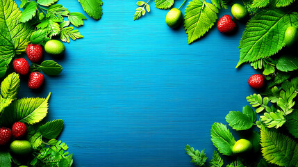 Wall Mural - Vibrant Summer Frame: Red Berries and Lush Green Leaves on Blue Wooden Background