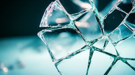 Poster - Broken glass with a blue background. The glass is shattered into many pieces, and the image has a moody and broken feeling