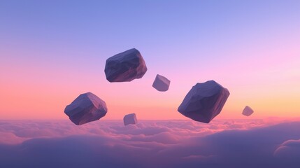 Wall Mural - a group of rocks are floating in the sky, with the sun setting in the background