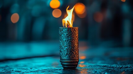 Poster - A vivid flame ascends from a rough container, bathed in shimmering bokeh lights